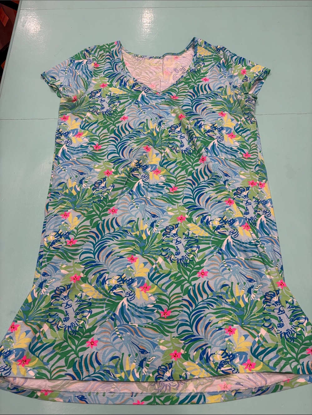 Lilly Pulitzer Tropical Leaf Short-Sleeve Dress- Green/Blue/Pink/Yellow